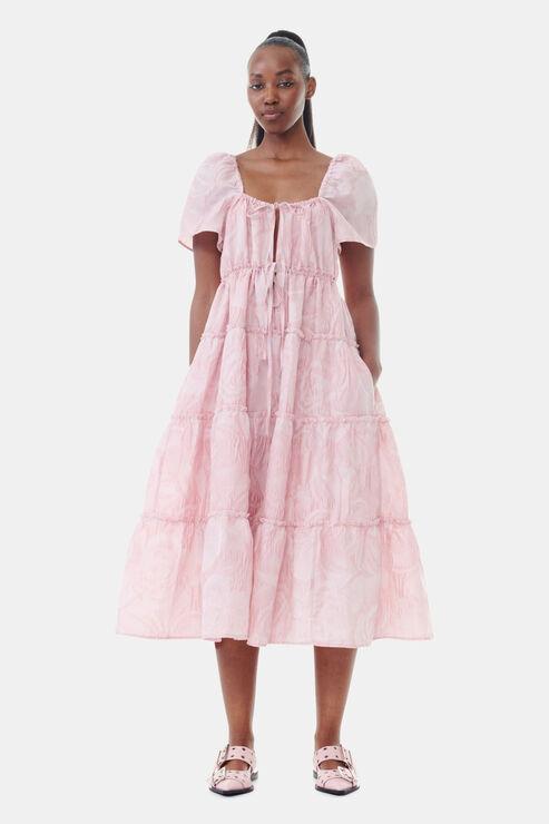 ganni pink tiered dress $295 GANNI Tiered Printed Georgette Mini Dress | Pink Tulle | Size 36