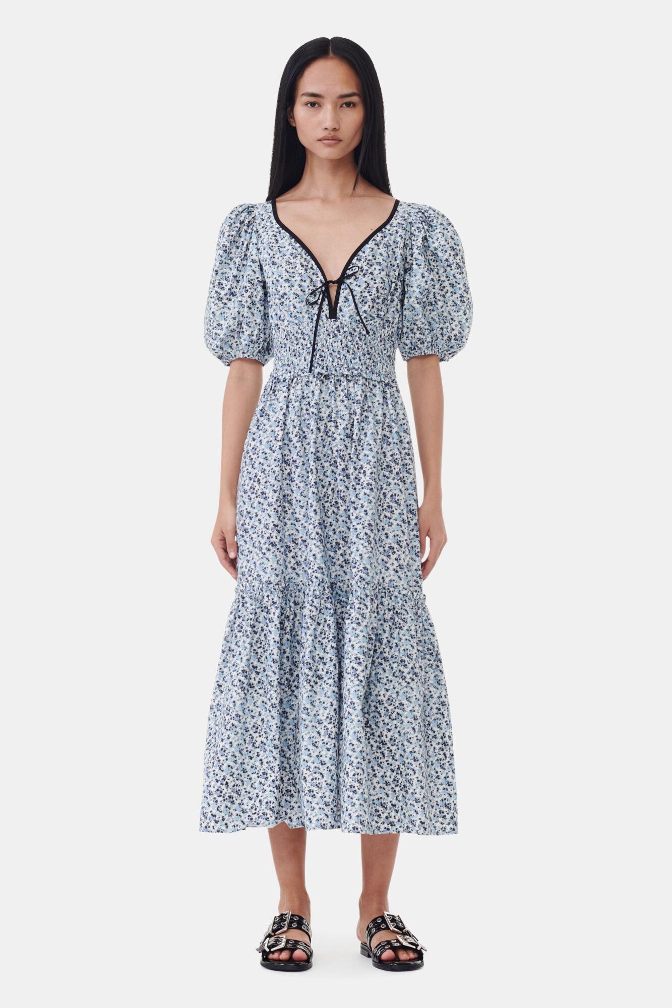 chinese dress ladies Ganni BLUE FLORAL CRINKLED SATIN LONG DRESS main image 1
