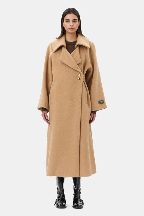 Winter Coats Ganni Check Wool Coat Ganni Camel Wool-Blend Coat In - Main Image