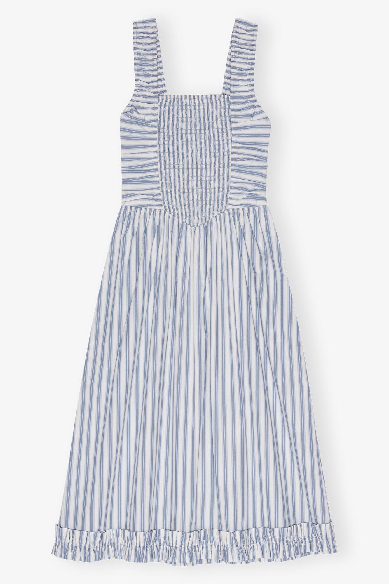 Ganni Blue Stripe Cotton Midi Strap Smock Dress | Lyst UK