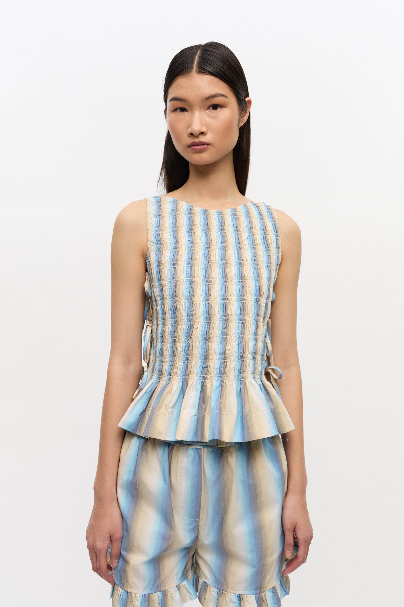 トップス GANNI Ombre Stripe Smock Tie String Top Ganni Ombre Striped Cotton Smock Tie Top in White | Lyst