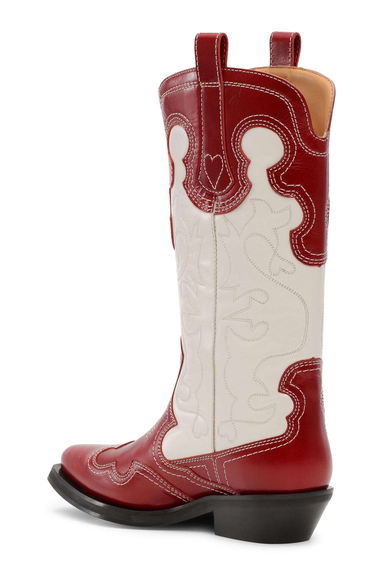 Ganni Red & White Mid Shaft Embroidered Western Boots | Lyst