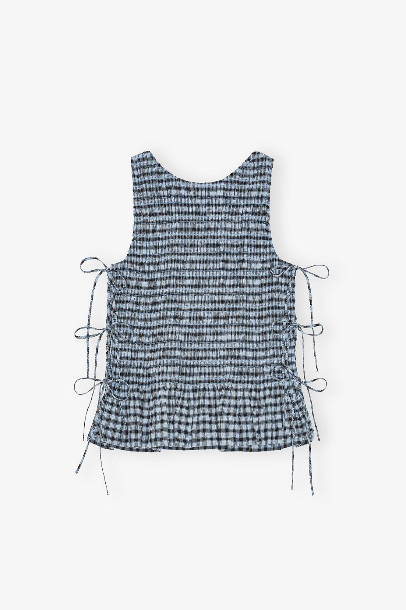 Ganni Seersucker Check Smock Tie String Top in Blue | Lyst