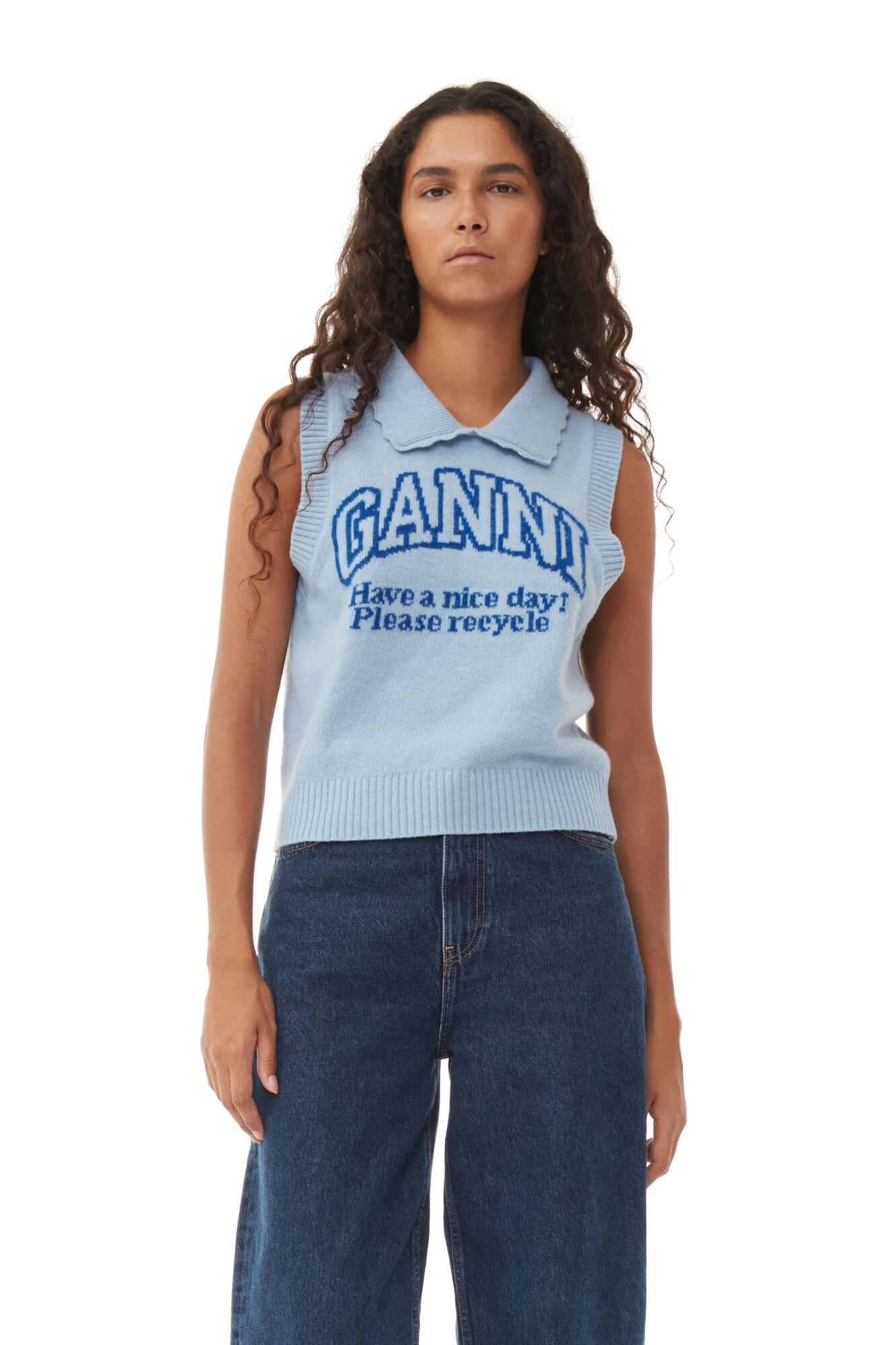 Ganni Sleeveless Re-cut Blue Graphic Vest | Lyst