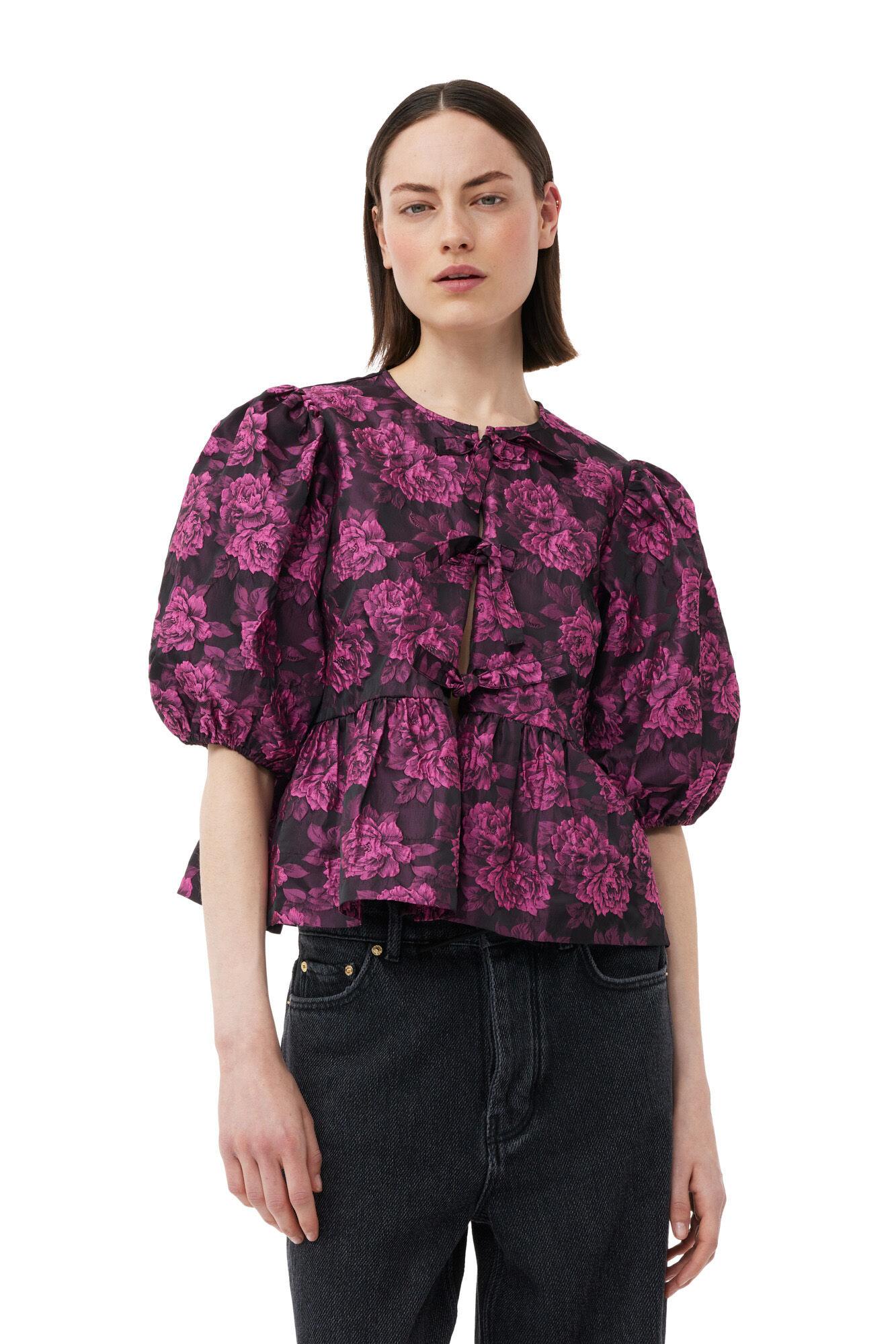 Ganni Pink Botanical Jacquard Peplum Bluse in Lila Lyst DE