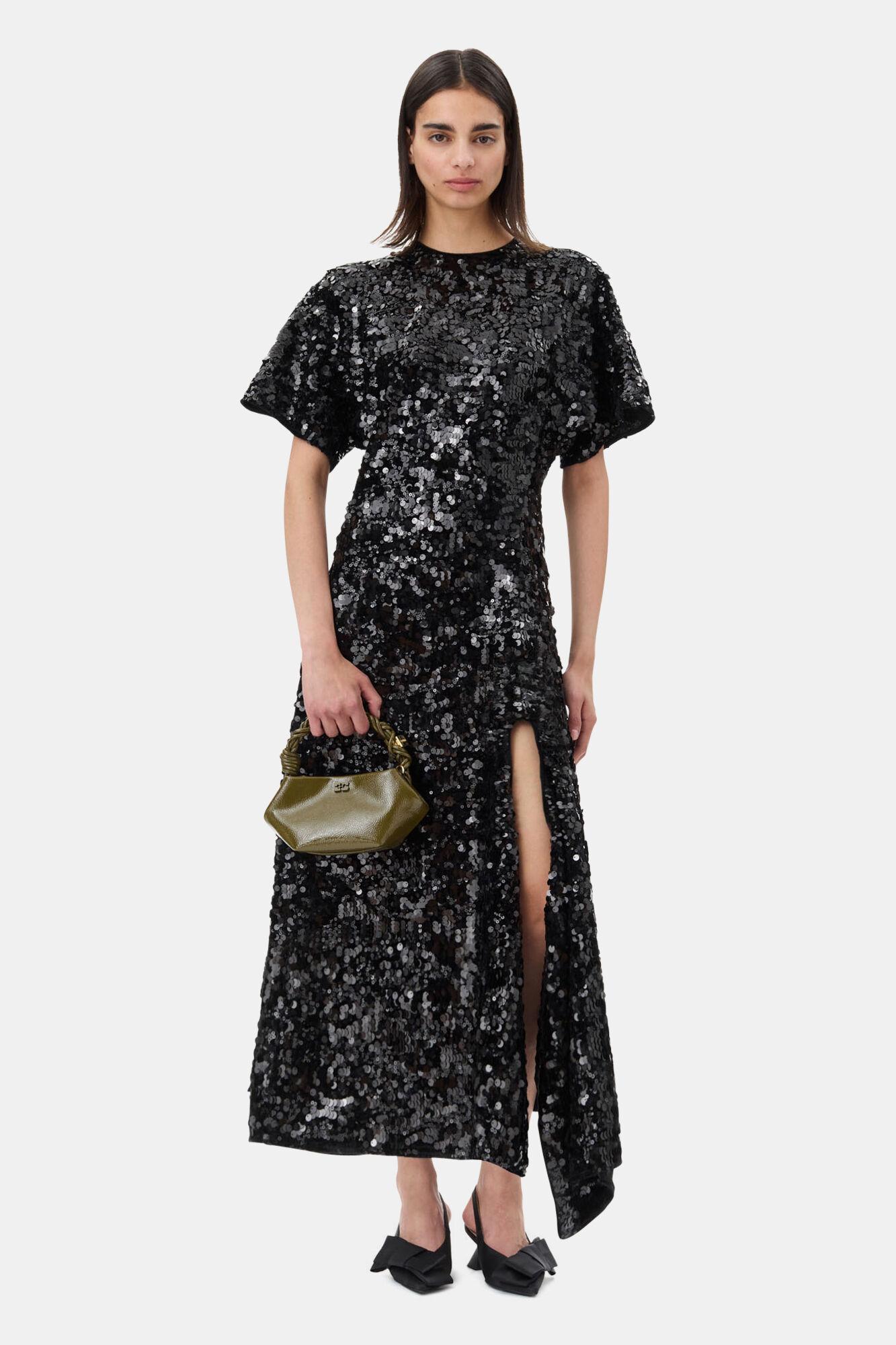 knee length dresses for ladies Rent Ganni Black Velvet Sequin Mini Dress main image 0