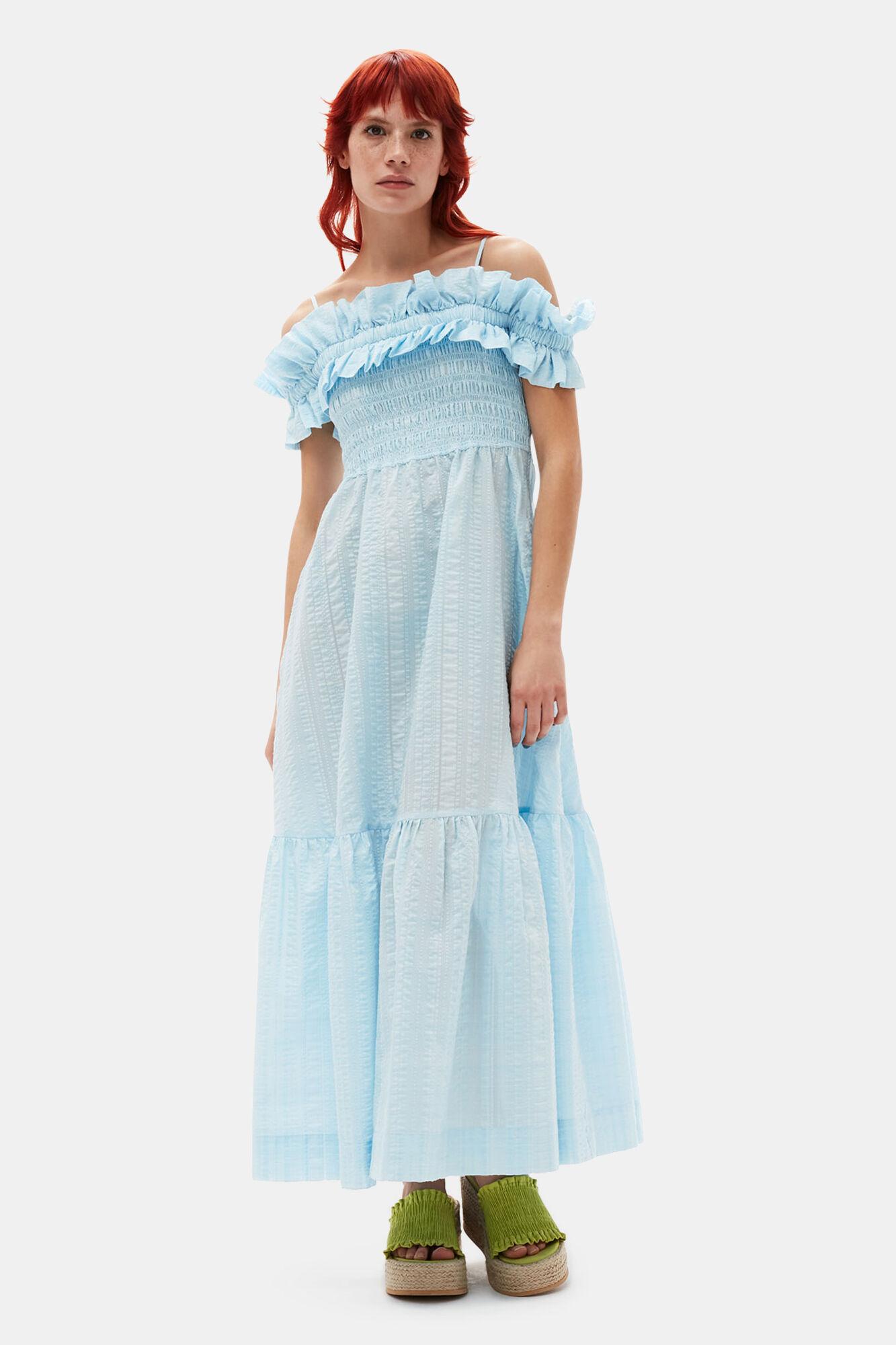 knee length dresses for ladies Ganni checkered seersucker shirred midi dress main image 1