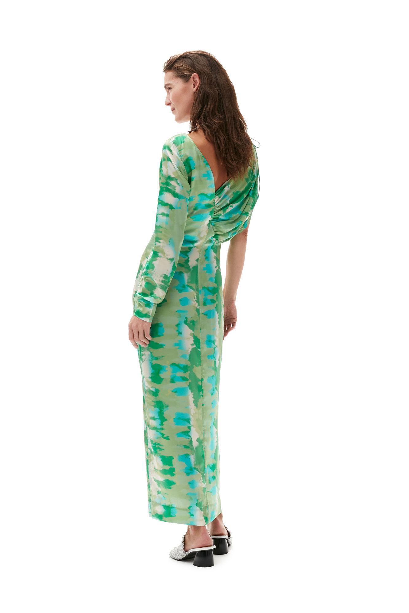 Ganni Long Sleeve Silk Stretch Satin Maxi Dress in Green | Lyst
