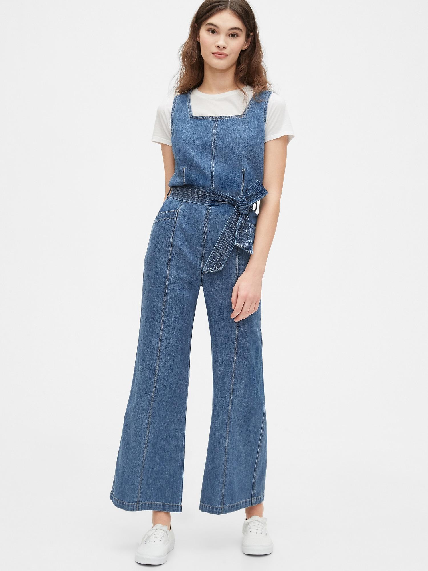 Gap Squareneck Wide-leg Denim Jumpsuit in Blue - Lyst