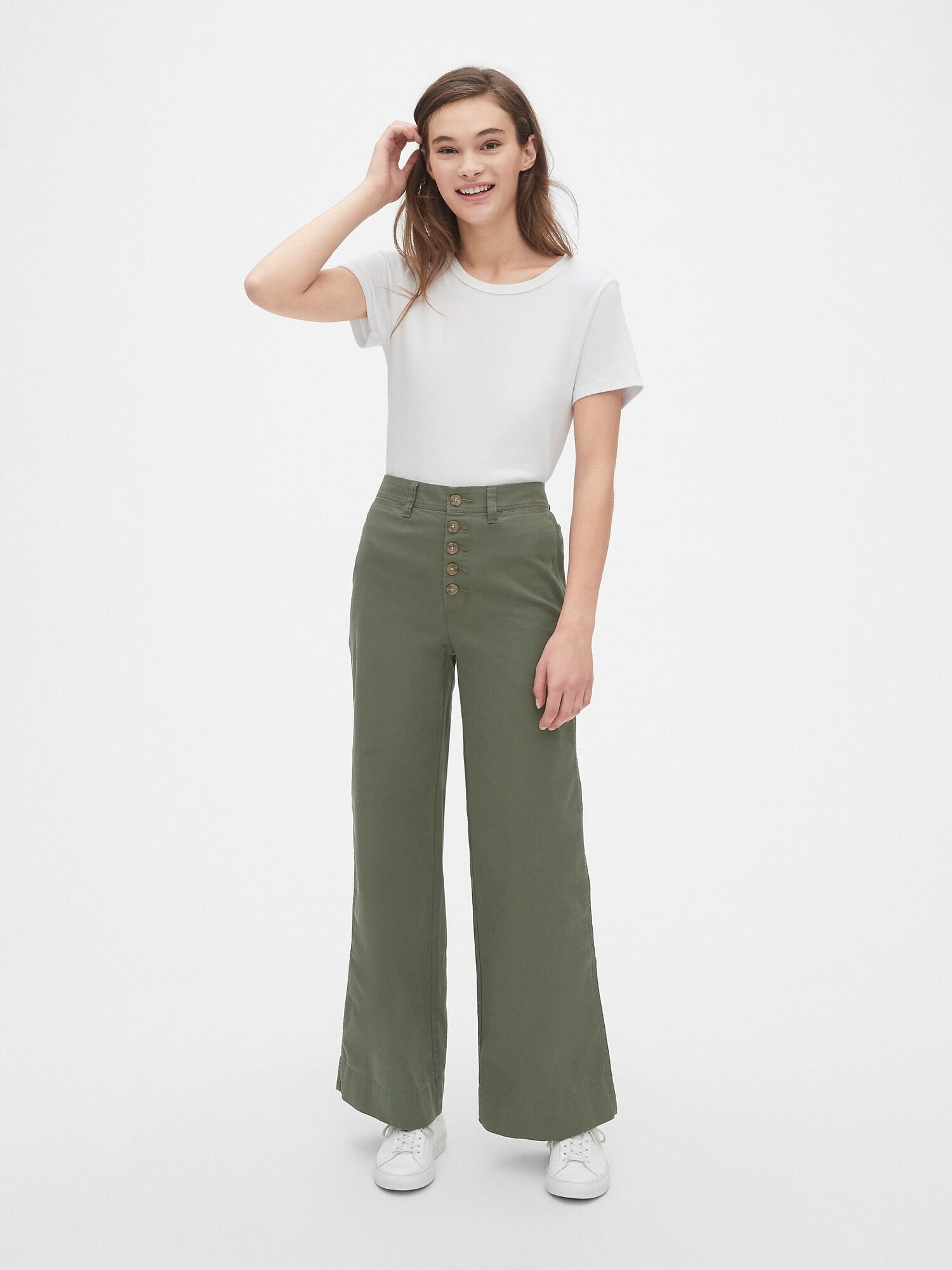 Button-fly Wide-leg Chino Pants 