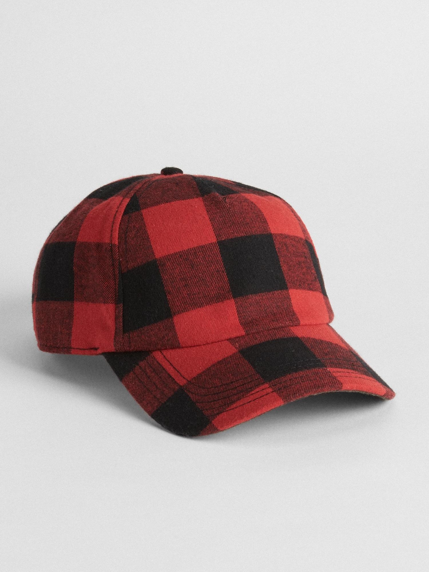 red plaid baseball hat