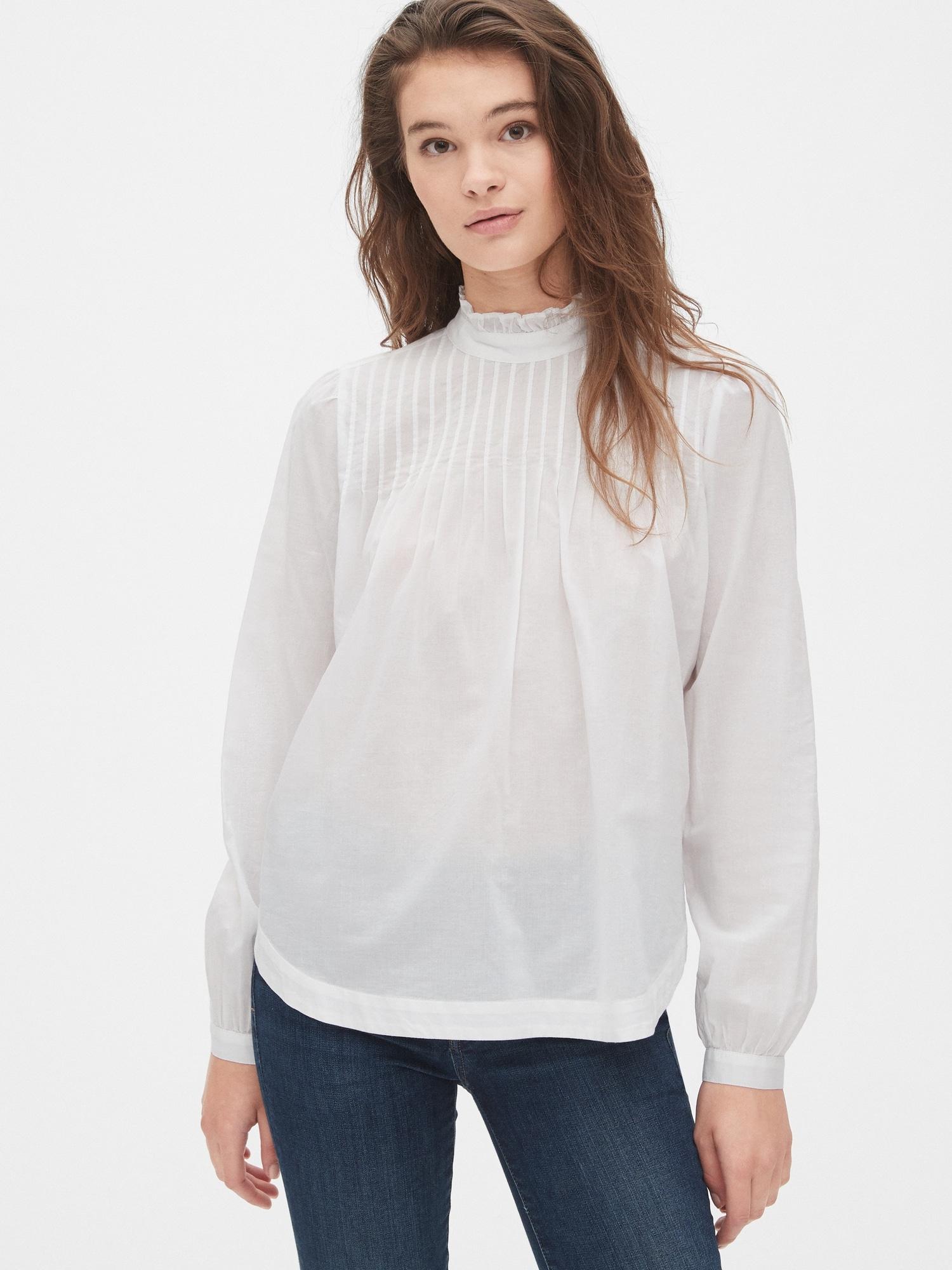 white ruffle neck shirt