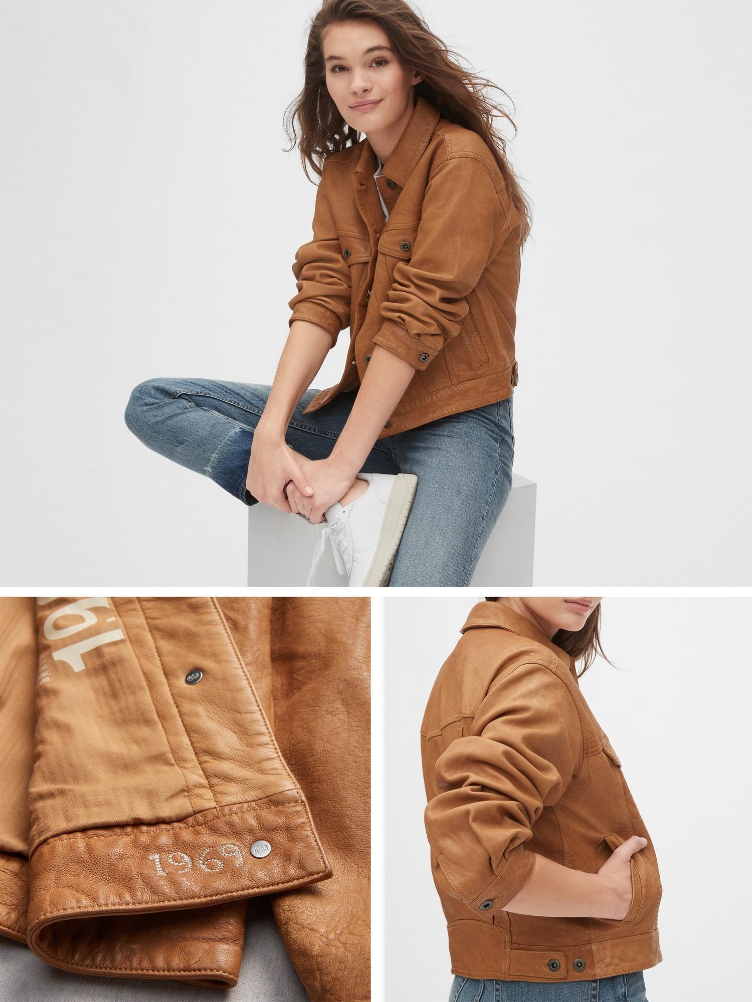 gap blue jeans leather jacket