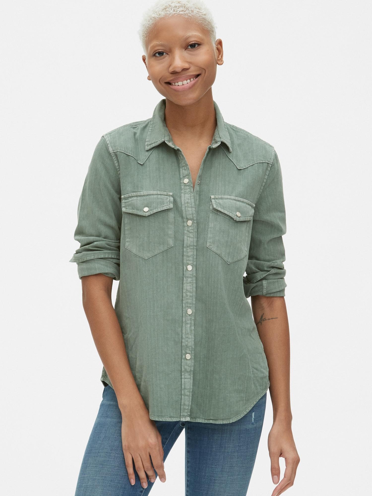 Gap Denim Western Shirt In Color in Sage Green (Green) | Lyst