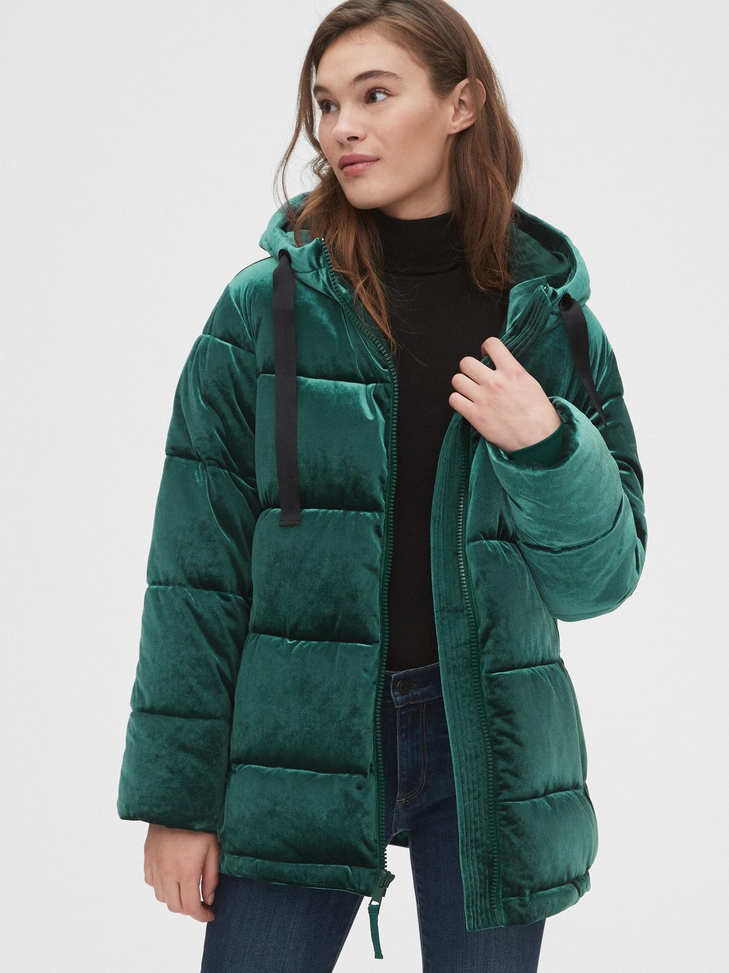 green velvet puffer jacket