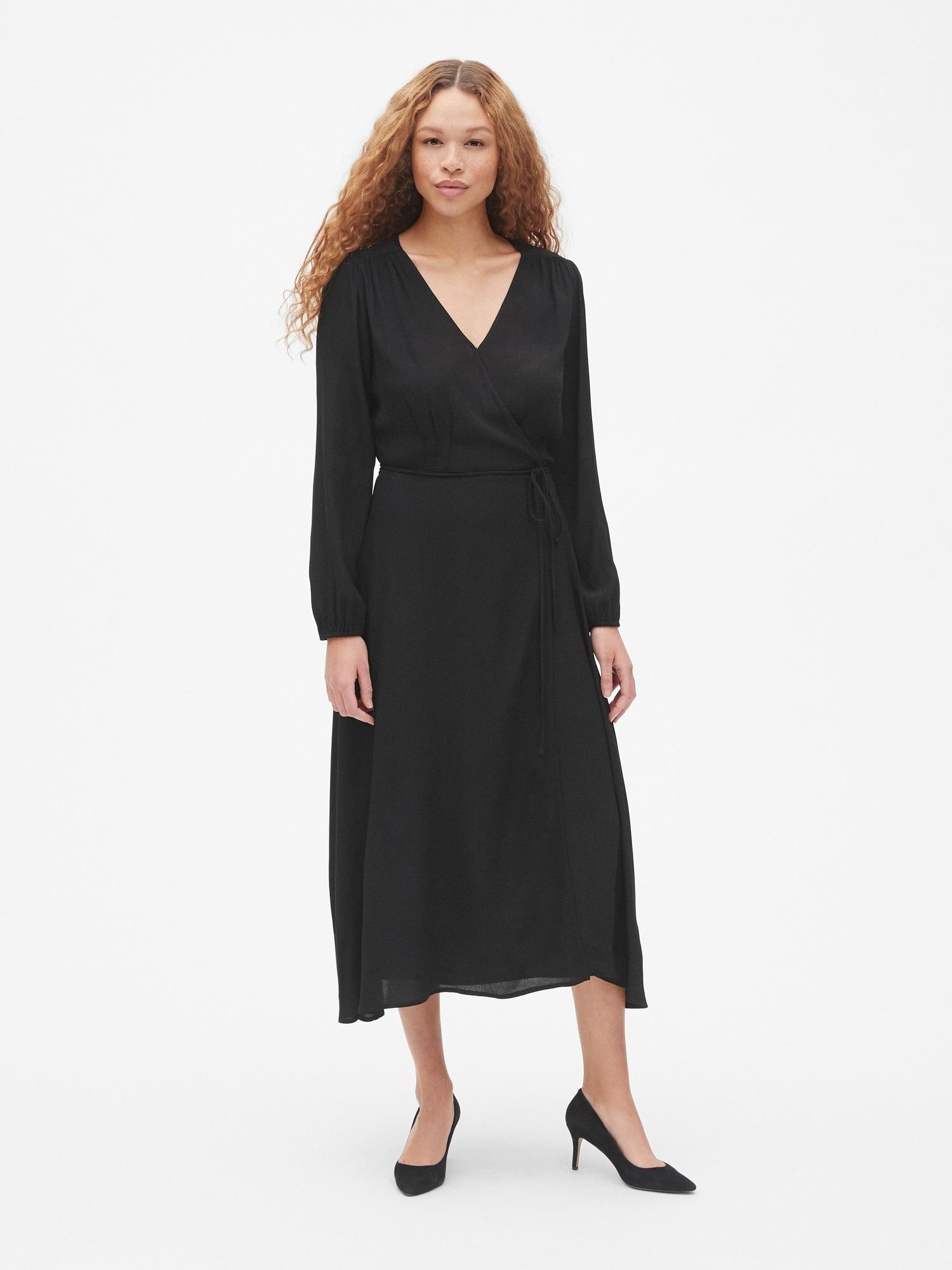 black long sleeve midi wrap dress