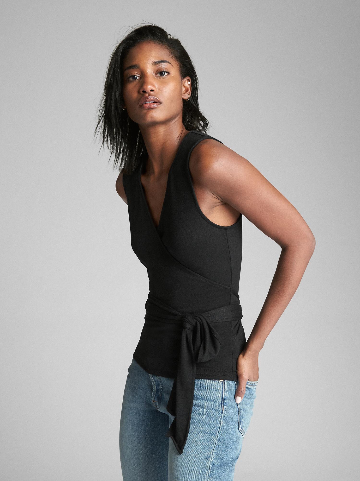 black sleeveless wrap top