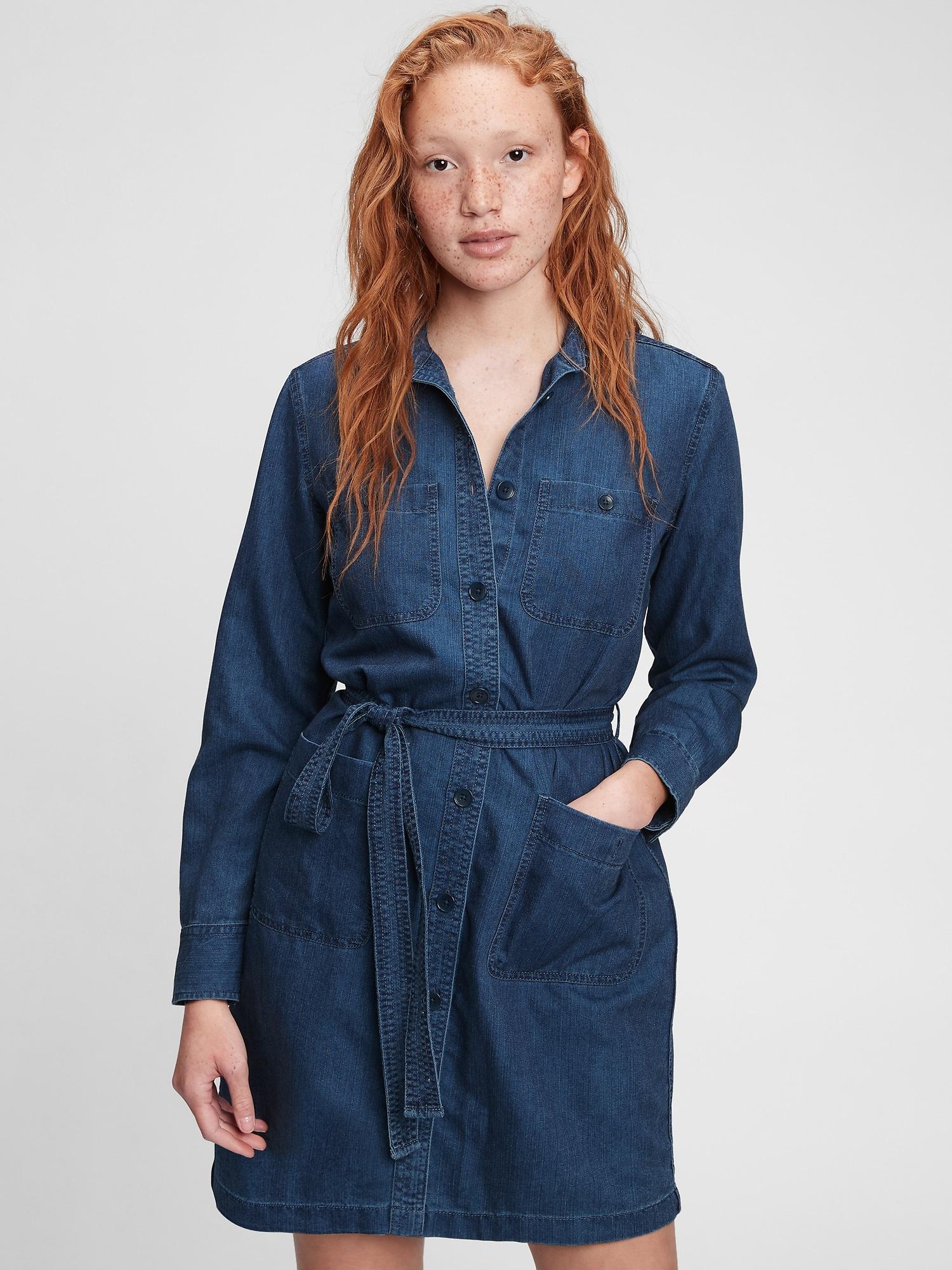 denim tie waist dress