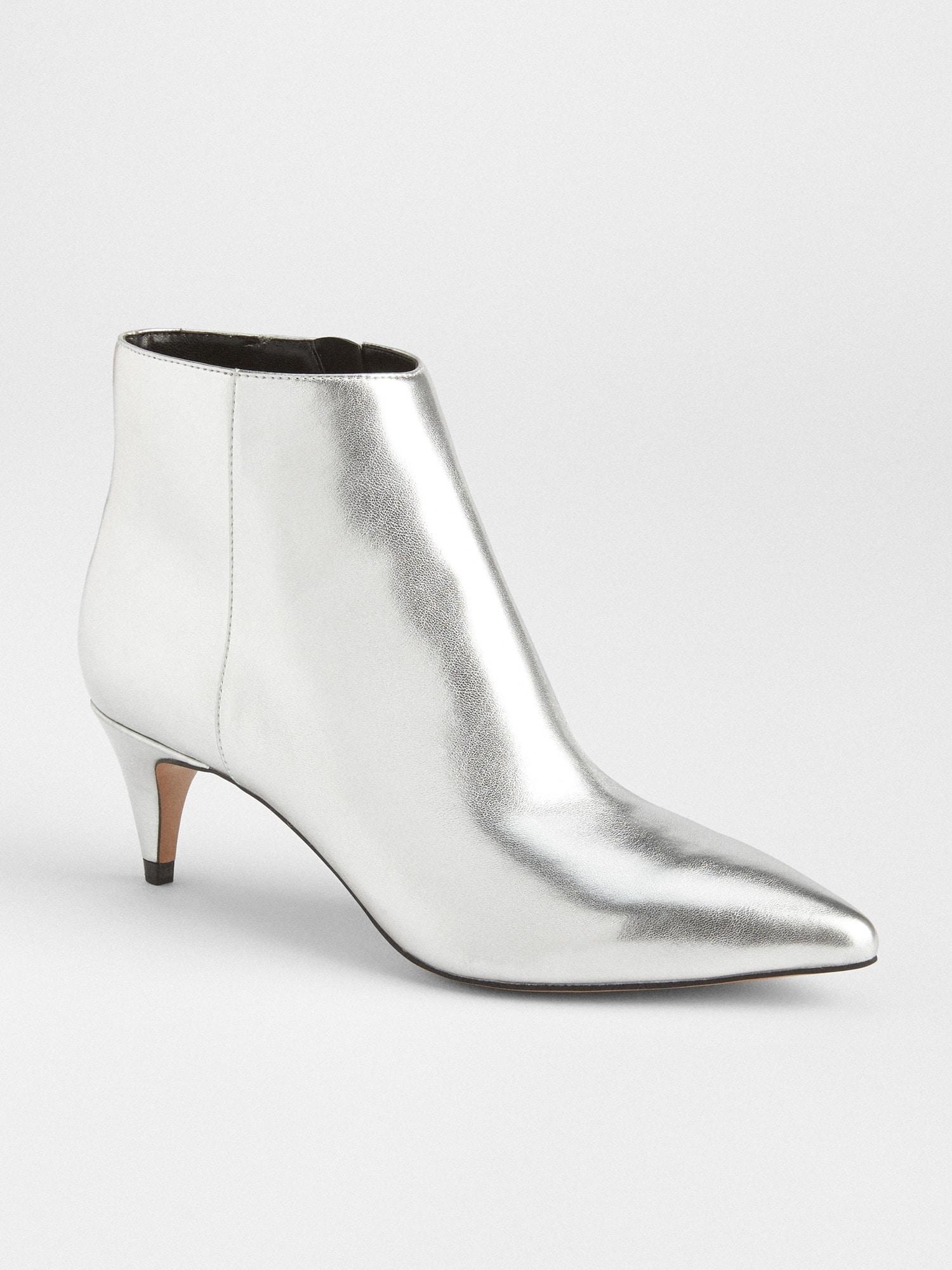 silver kitten heel booties