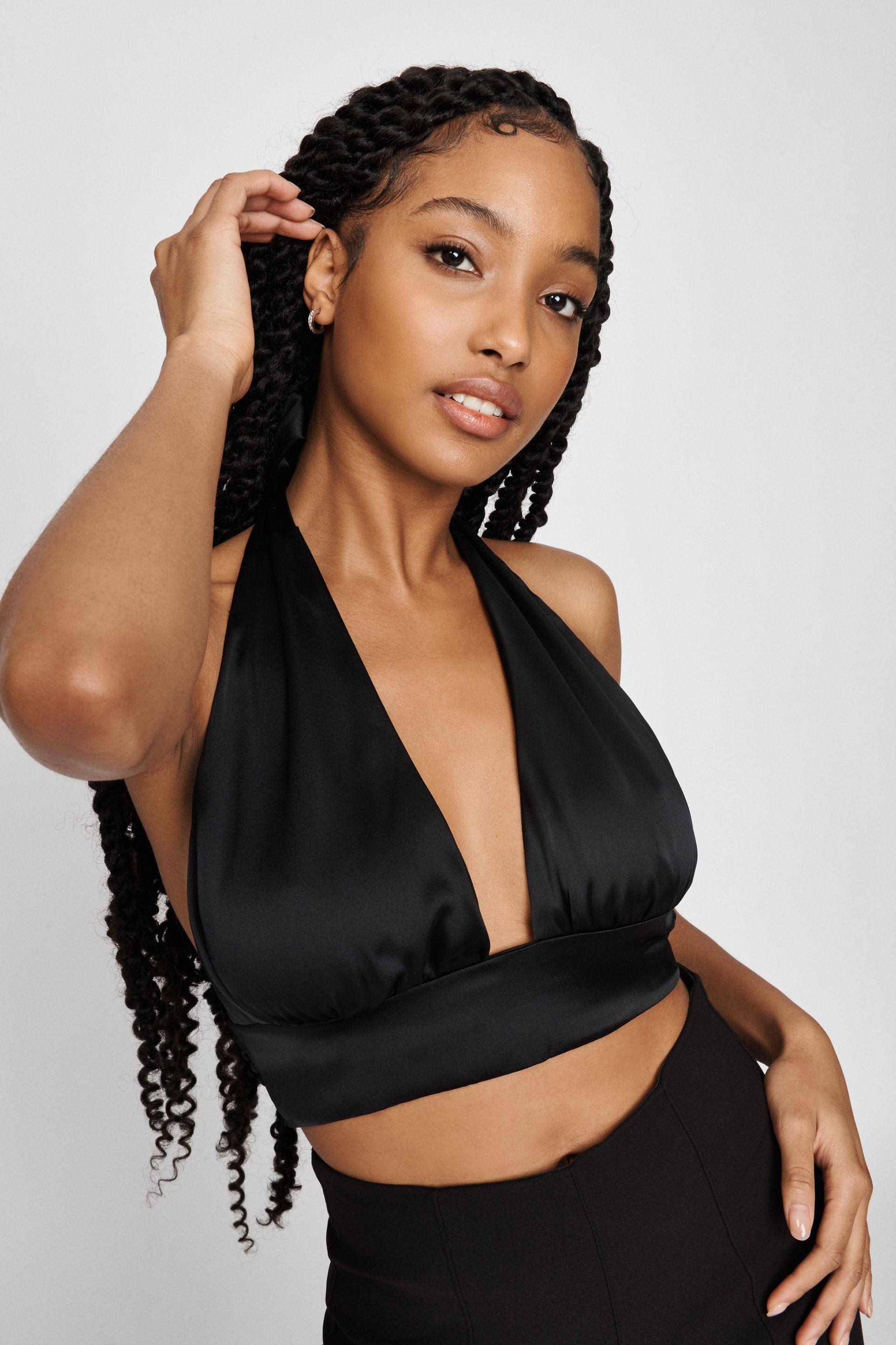 Garage Satin Plunge Halter Tank in Black