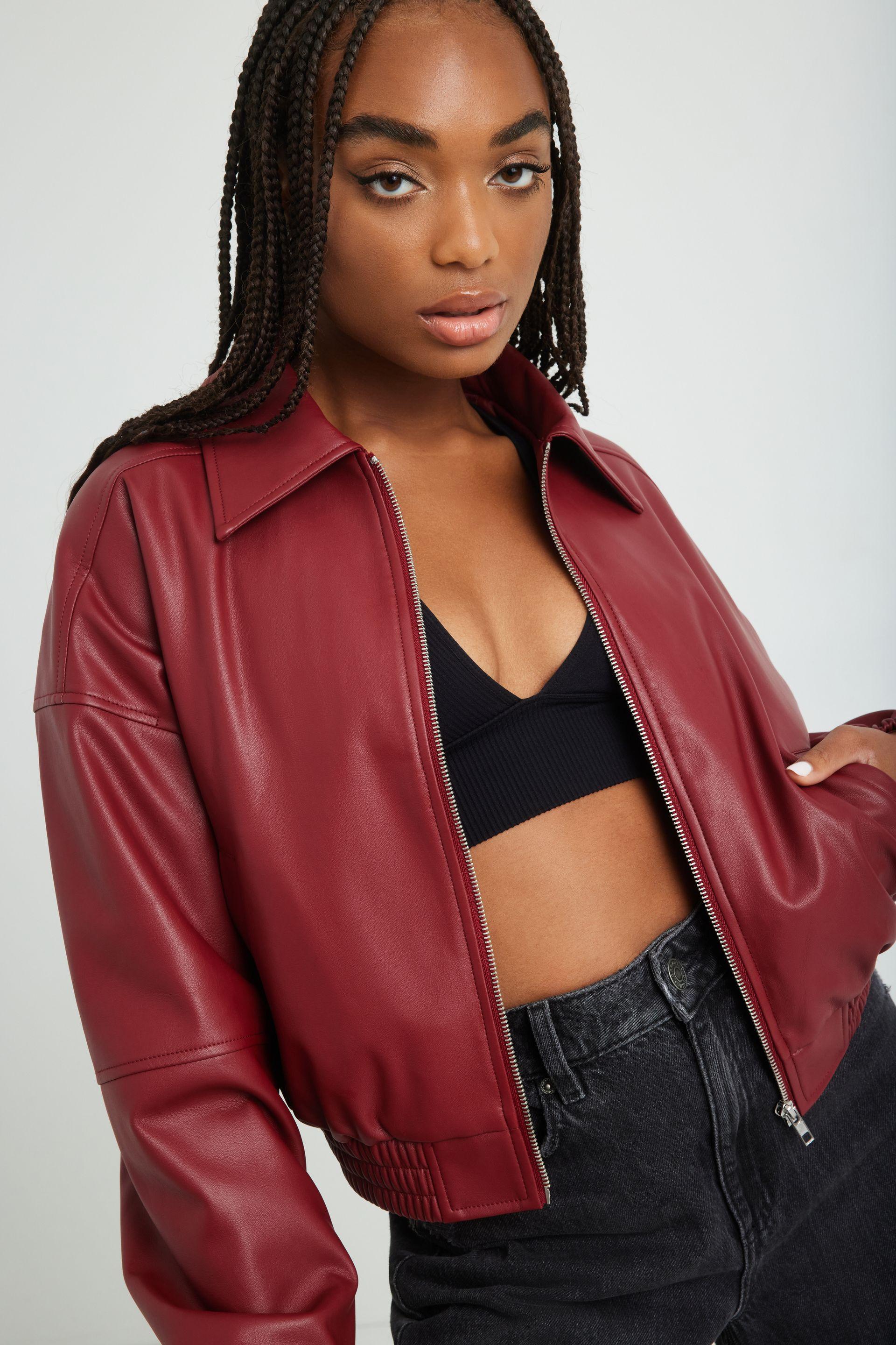 Garage Faux Leather Bomber Jacket in Red