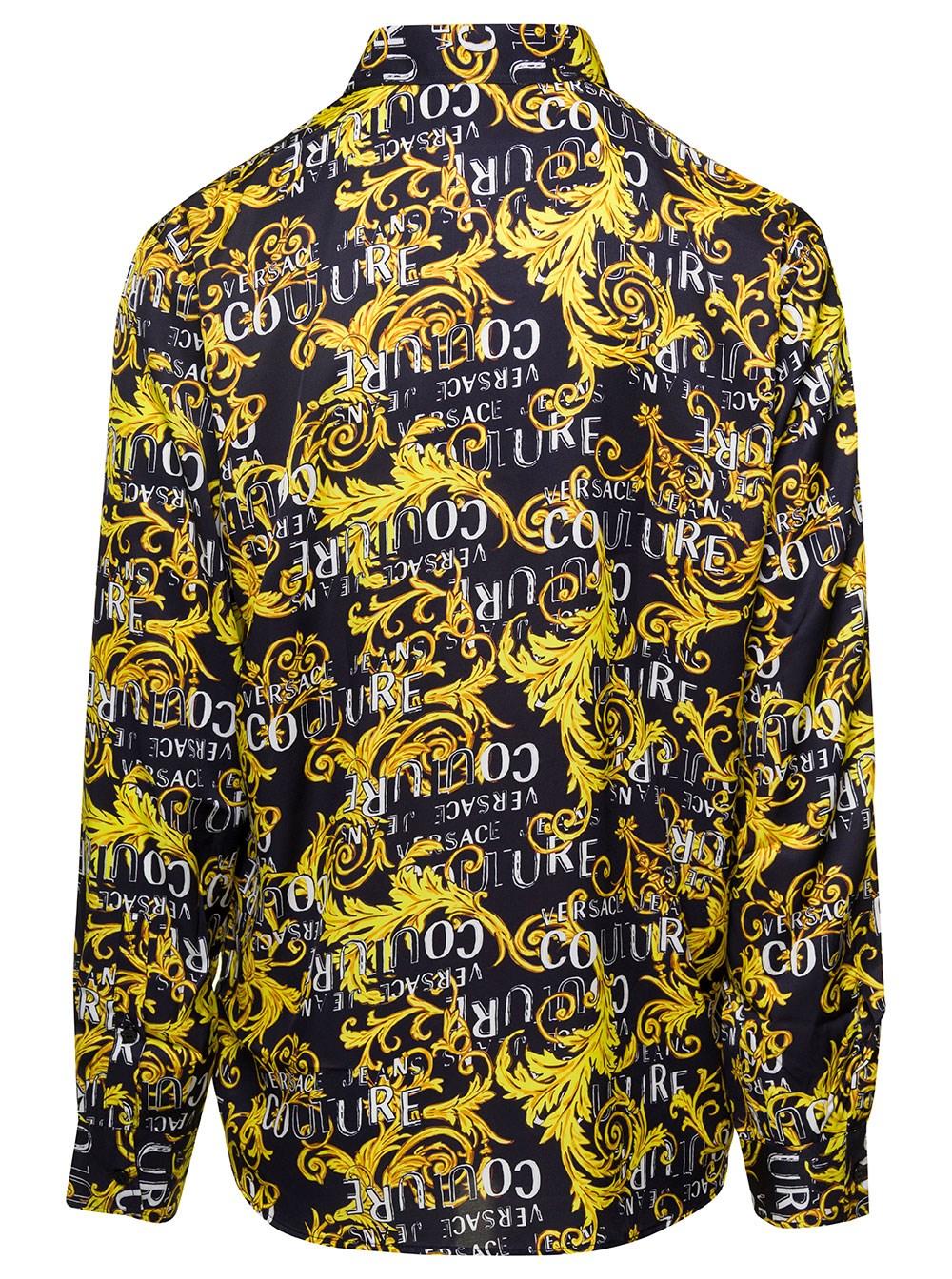 Versace Jeans Couture Black And Gold Shirt With Baroque And Logo Print  All-over In Viscose Man in Yellow for Men | Lyst