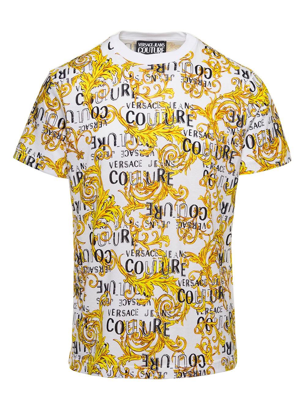 Versace Jeans Couture White Crewneck T-shirt With All-over Baroque Logo  Print In Cotton Jersey Man Versce Jeans Couture in Yellow for Men | Lyst