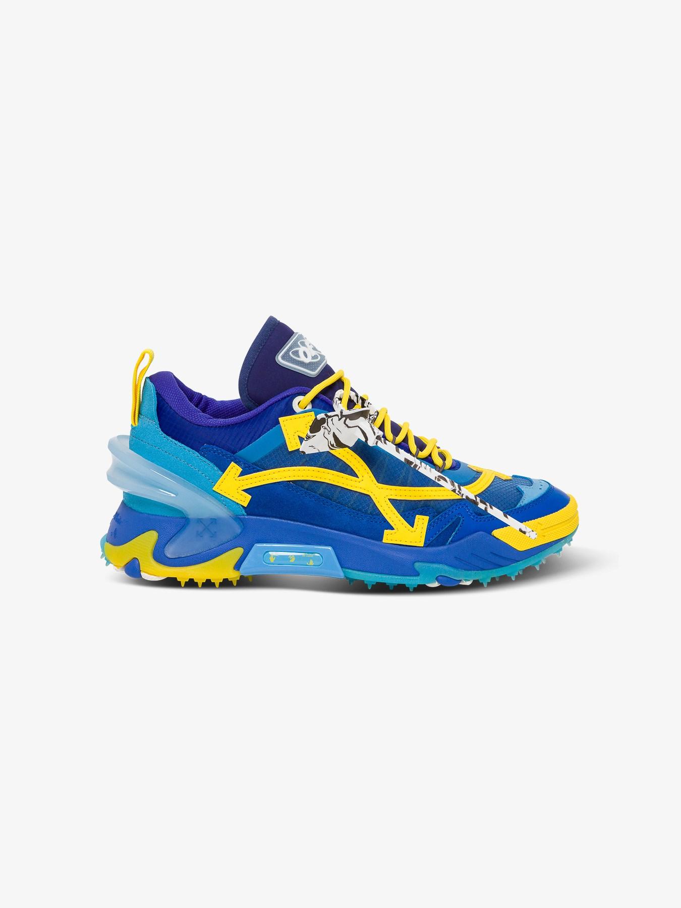 red yellow and blue off white shoes