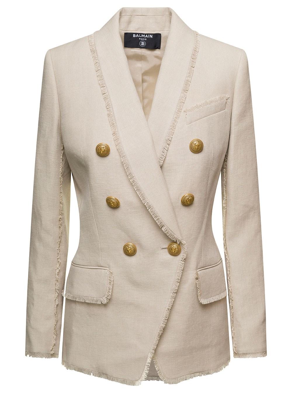 Balmain Double-breasted Blazer With Golden Buttons In Linen Blend Woman in  Natural | Lyst