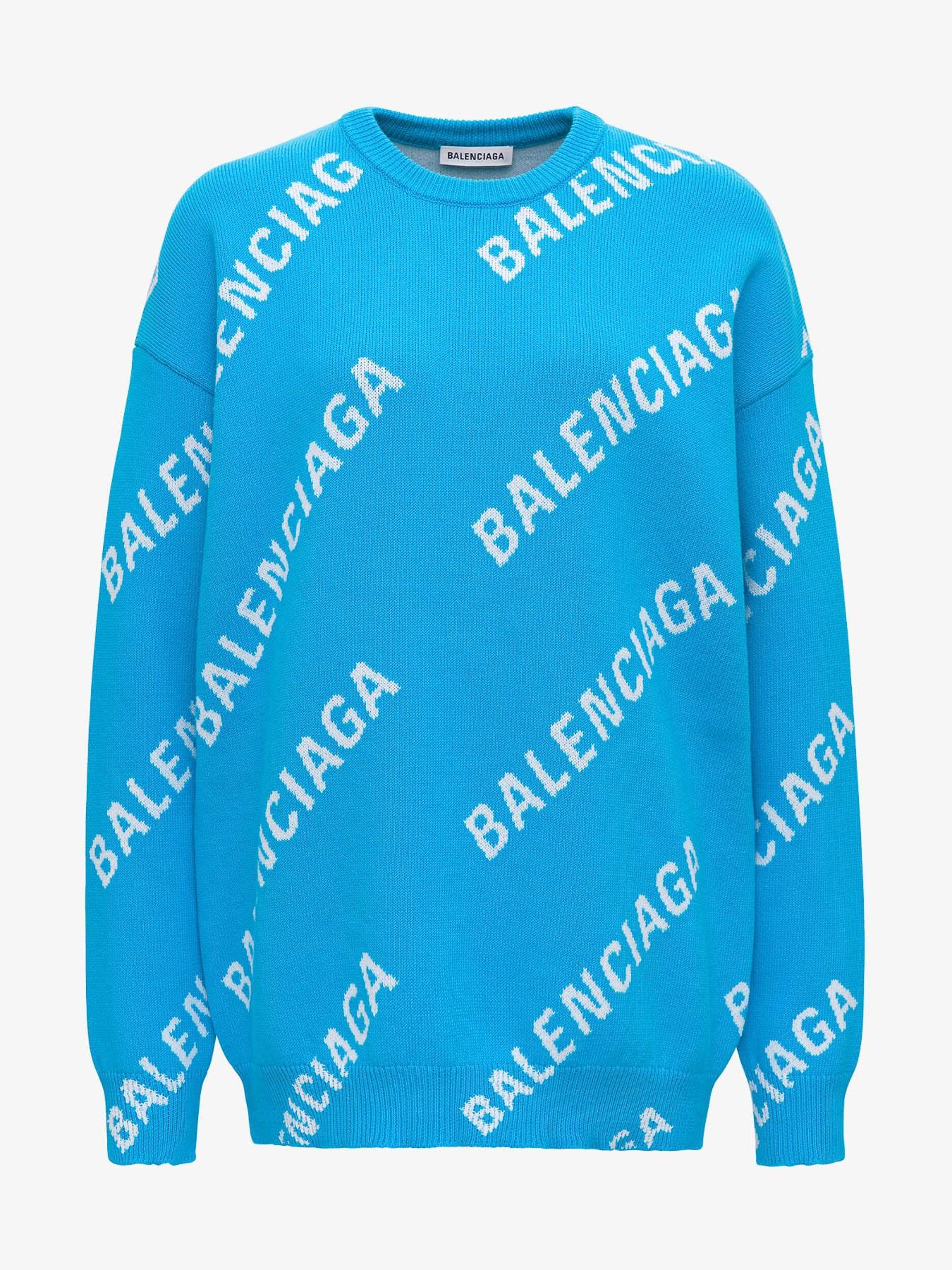 Balenciaga Cotton Sweater With Allover Jacquard Logo in Blue Lyst