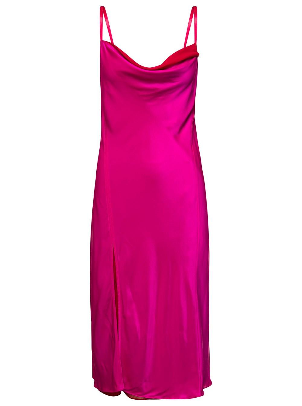 Acne Studios Fucsia Midi Slip Dress With Draped Neckline In Silk Blend