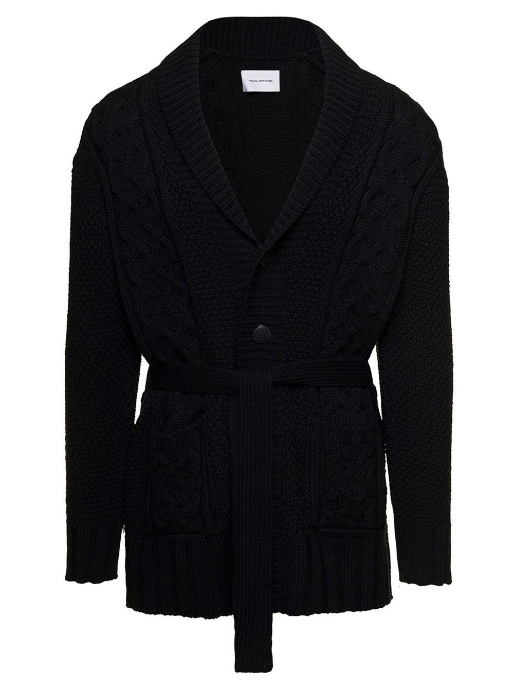Tagliatore Belted Cable Knit Cardigan In Wool Man in Black for Men | Lyst