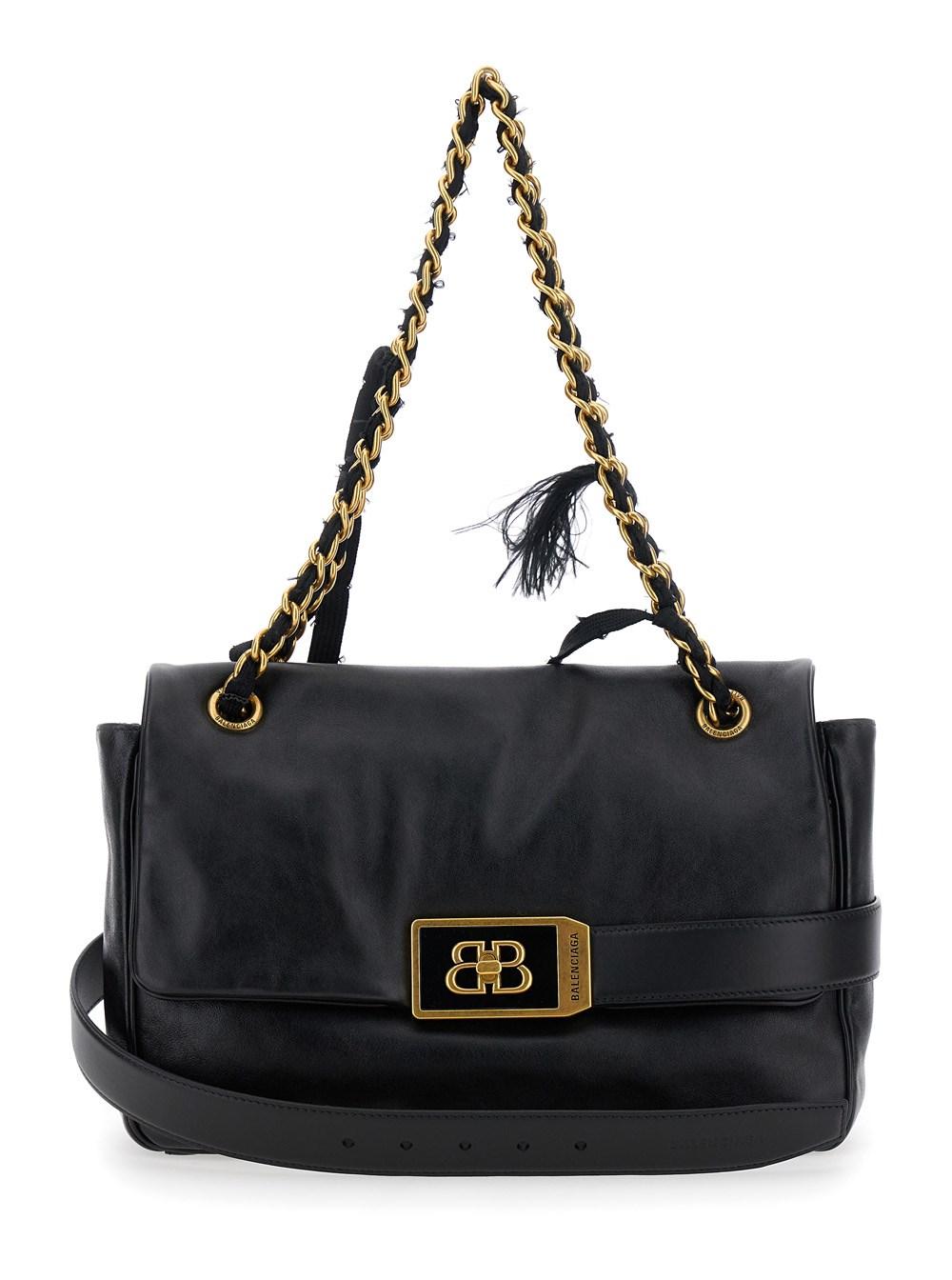 【BALENCIAGA】ミディアム Modu Flap チェーンバッグ Balenciaga: Black Modu Flap Medium Chain Bag | SSENSE