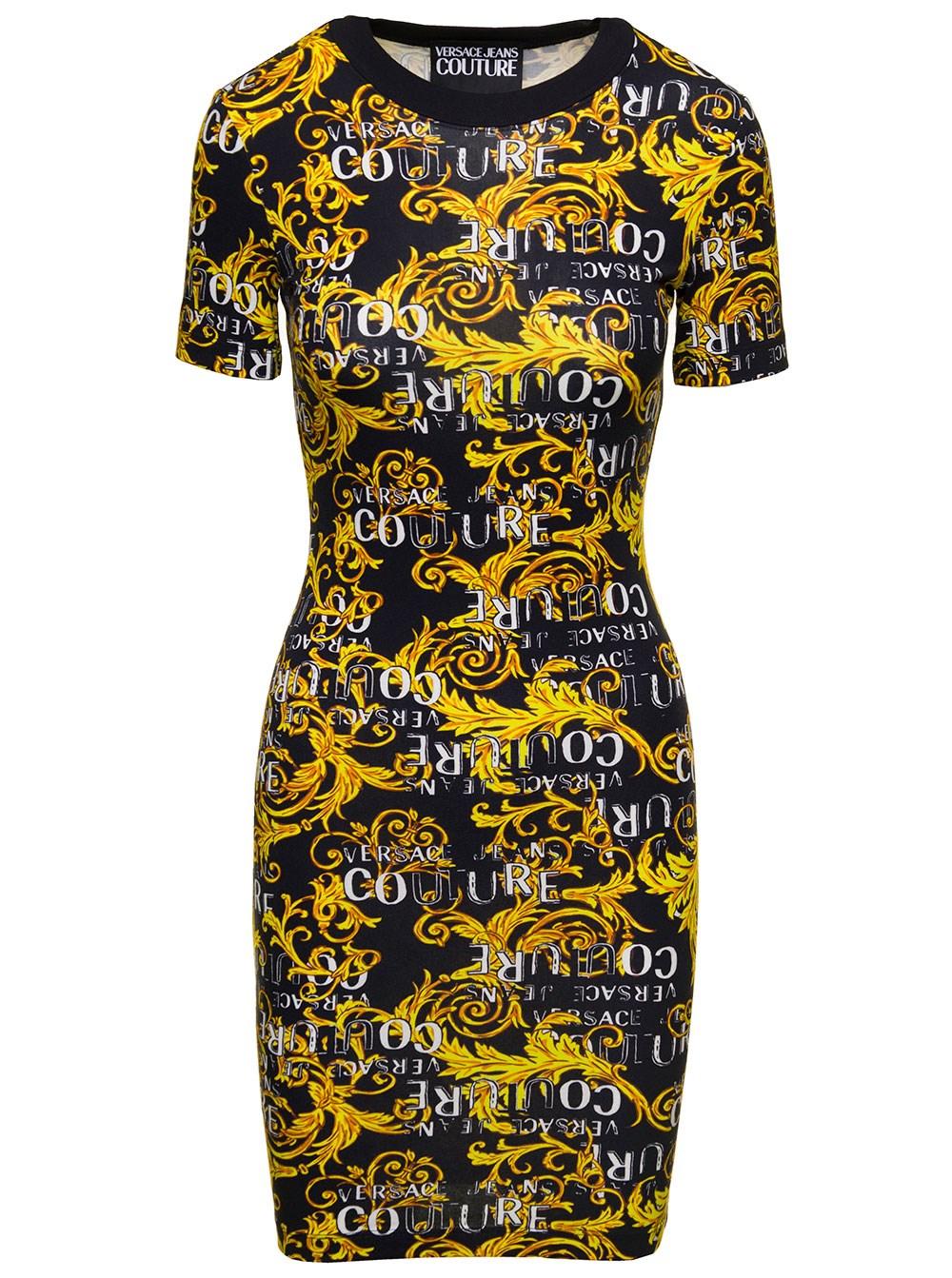 Versace Jeans Couture Multicolor Sheath Dress With All-over Couture Logo  Print In Stretch Cotton Woman in Black | Lyst