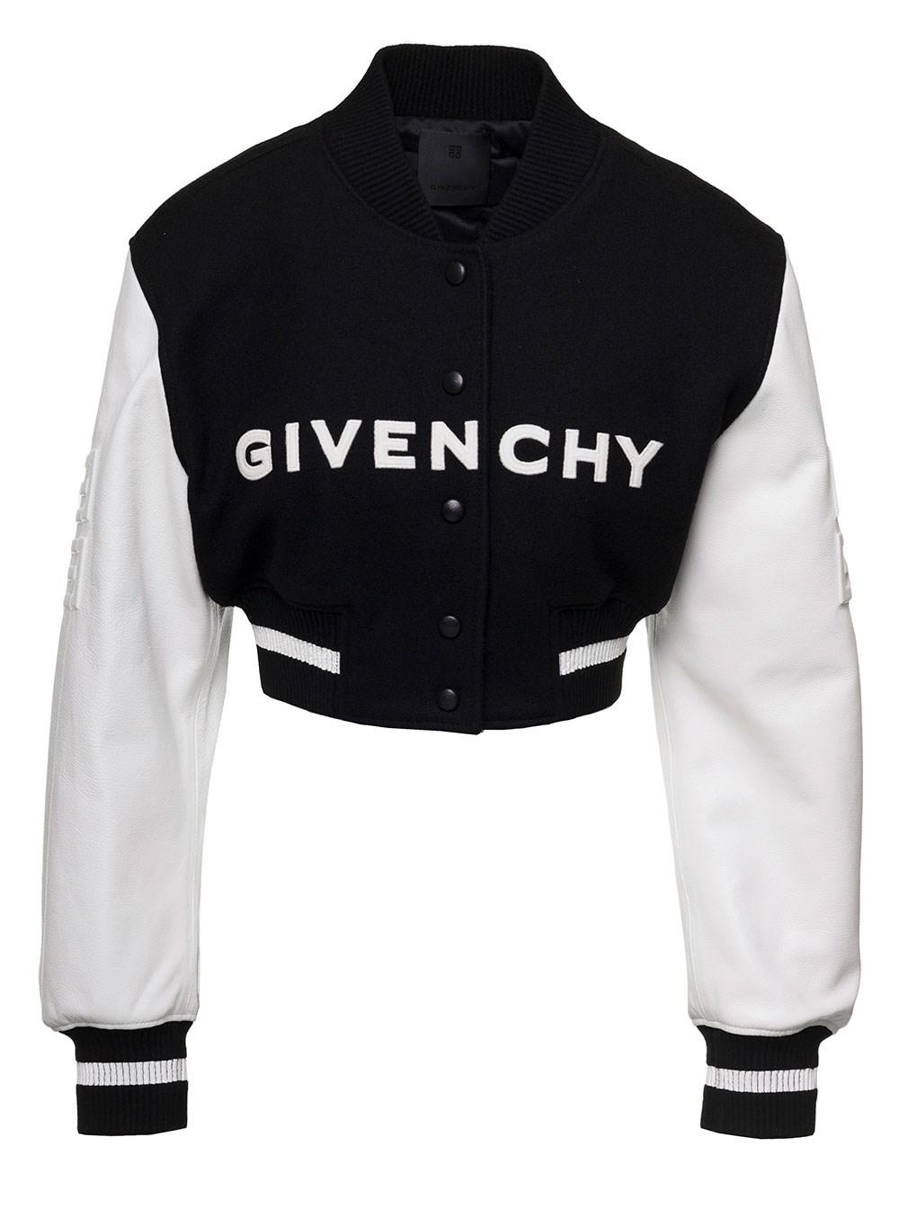 Givenchy And White Cropped Varsity Bomber Jacket With Logo Lettering
