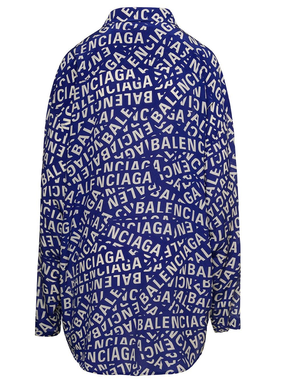 Balenciaga E Shirt With All-over Logo Print In Silk Woman in Blue | Lyst