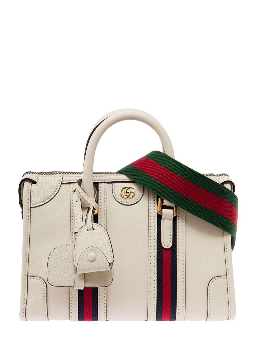 Gucci Medium Duffle Bag With Gg Logo And Web Motif in White | Lyst