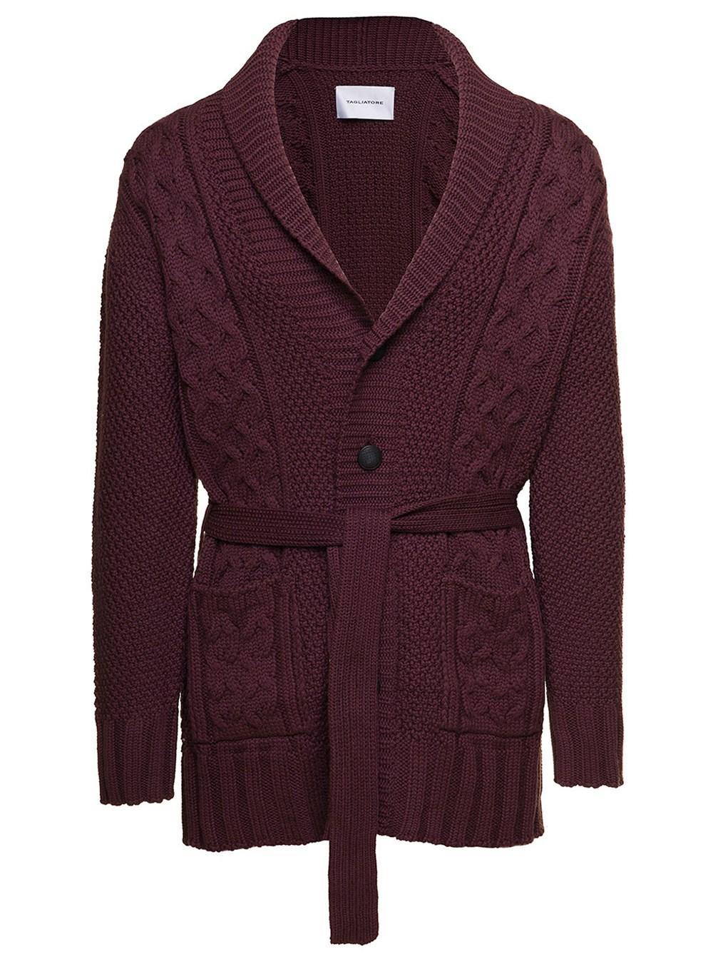 Tagliatore Mahogany Belted Cable Knit Cardigan In Wool in Purple for Men |  Lyst