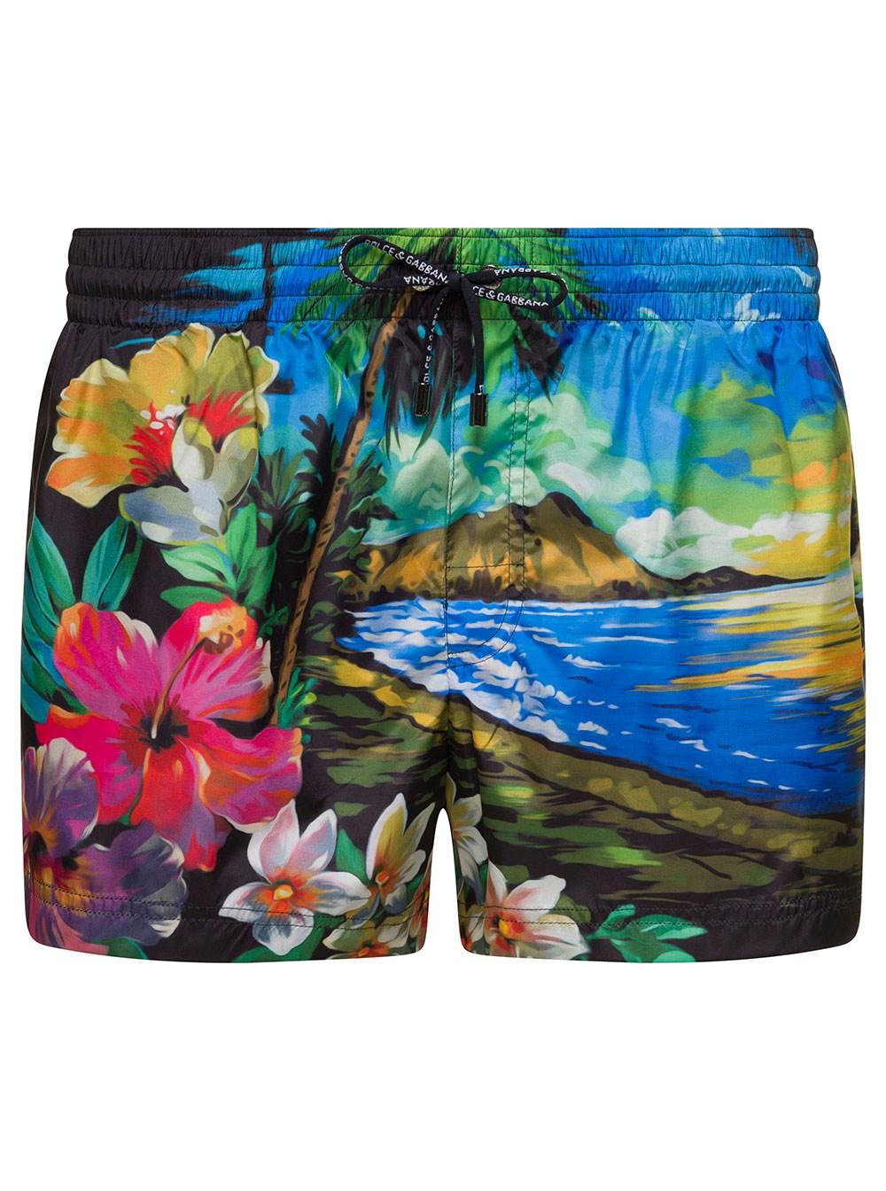 Dolce & Gabbana Short Swim Trunks With Hawaiian Print And Branded  Drawstring In Light Polyester Man in Blue for Men | Lyst