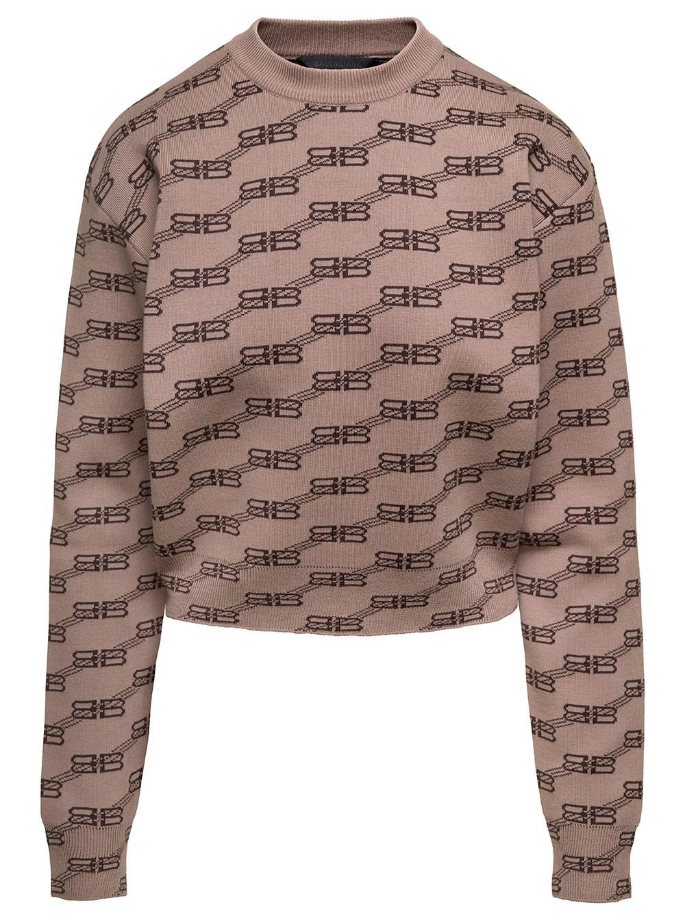 Balenciaga Beige Crewneck Sweater With All-over Jacquard Logo In Cotton in  Brown | Lyst