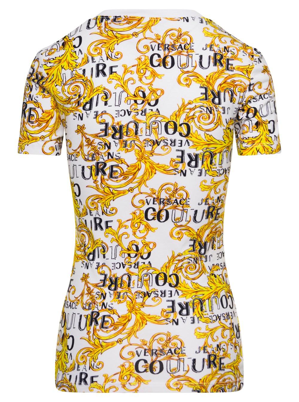Versace Jeans Couture Multicolor Crewneck T-shirt With All-over Couture  Logo Print In Stretch Cotton Woman in Yellow | Lyst