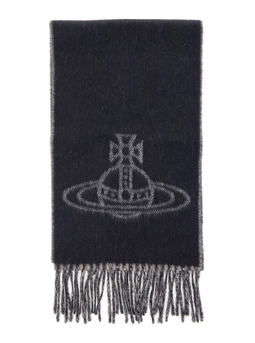 Vivienne Westwood Black Scarf With Fringed Hem And Orb Embroidery