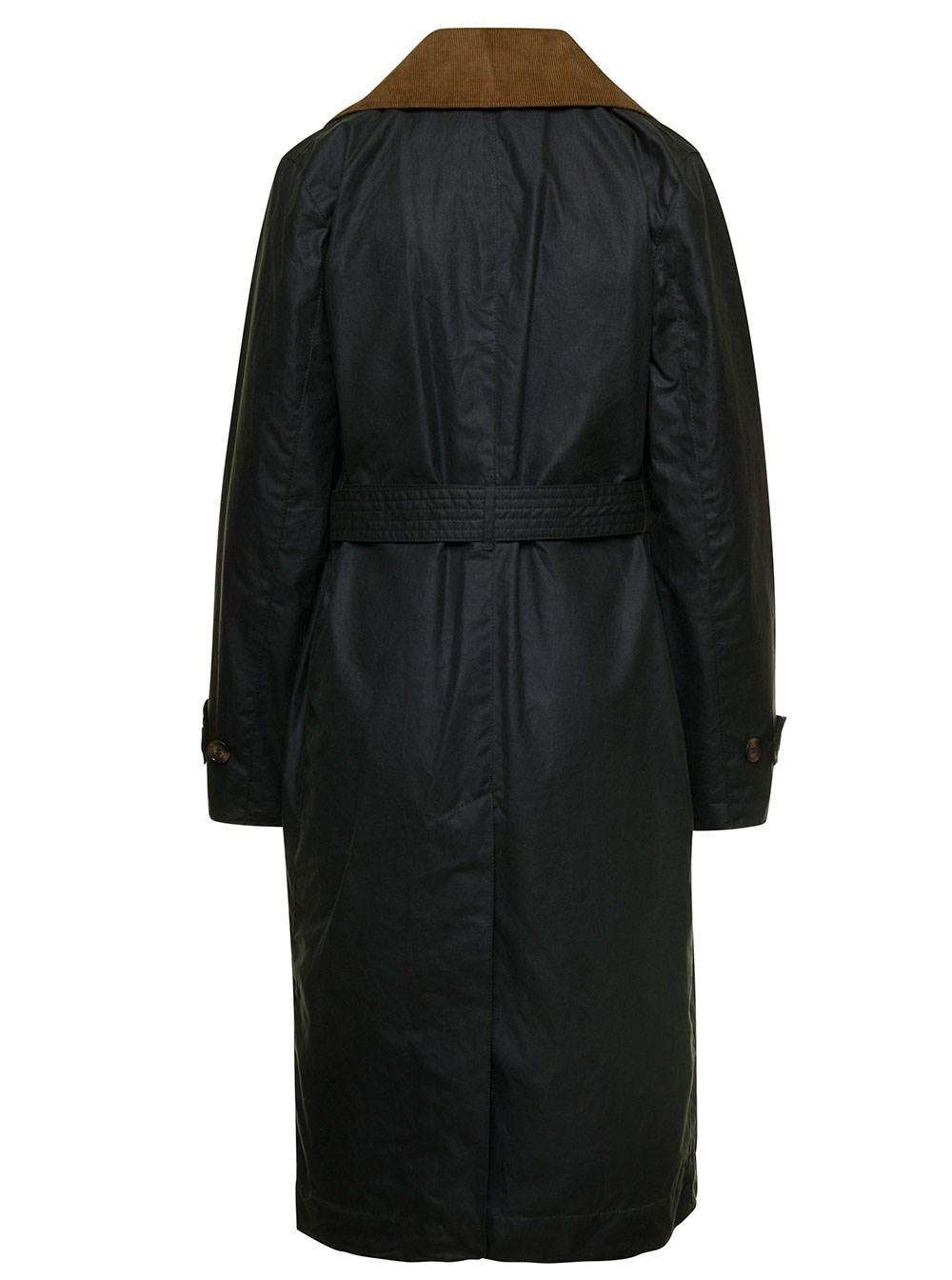 Barbour 'simone' Black Belted Trench Coat With Corduroy Revers In Waxed  Cotton Woman | Lyst UK