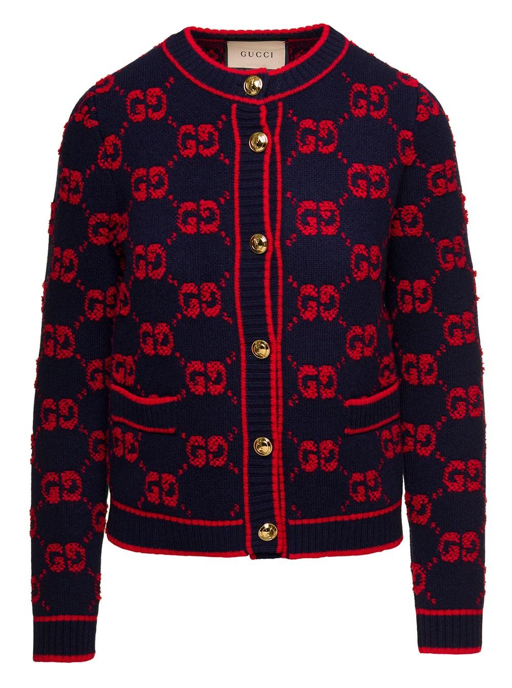 Gucci E And Red gg Wool Bouclé Jacquard Cardigan Woman in Blue | Lyst