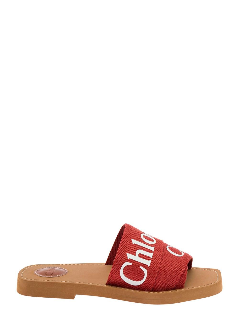 Chloé 'woody' Sandals With Logo In Canvas Woman in Red | Lyst