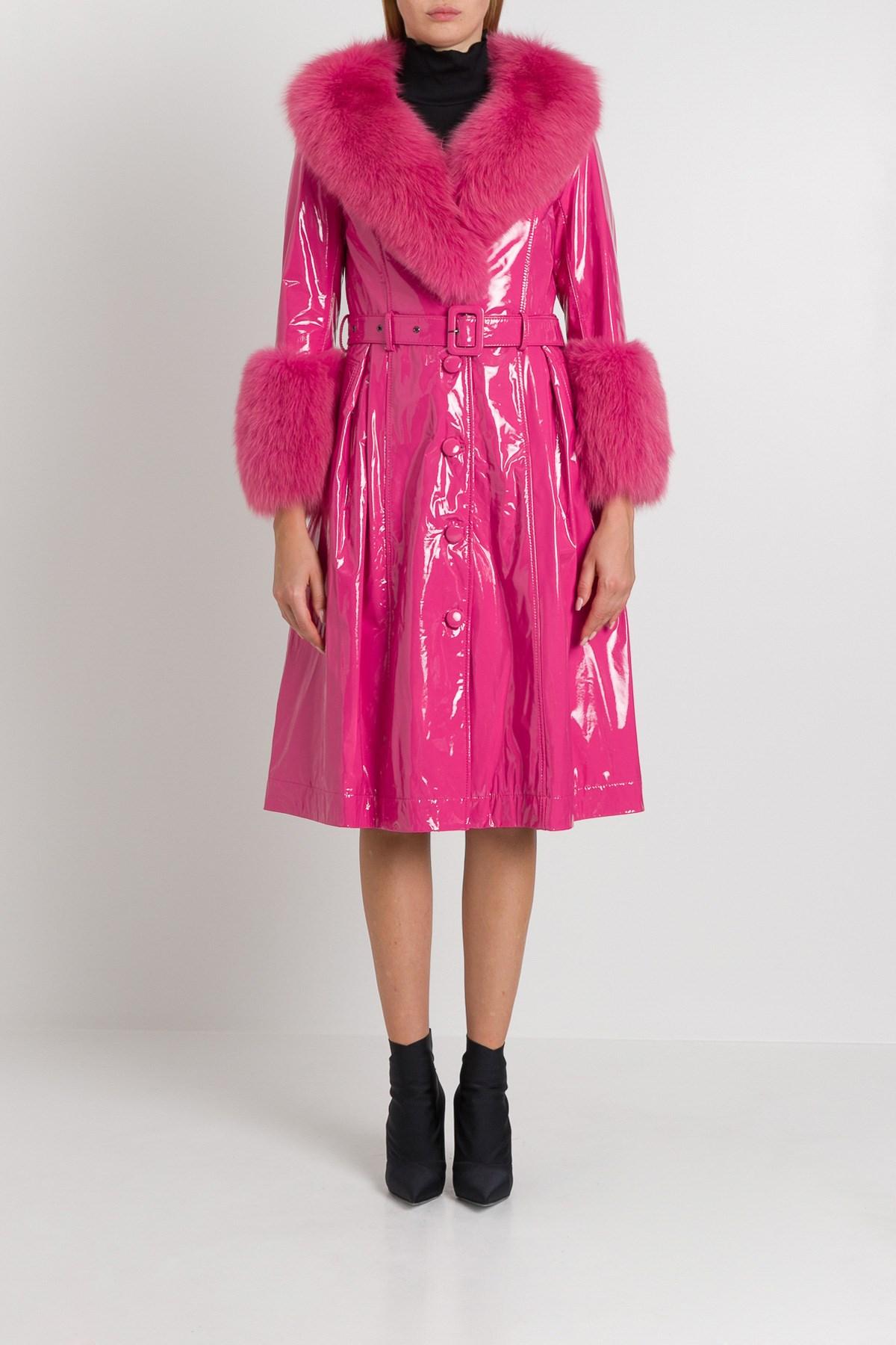Saks Potts Long Belted Patent Leather Coat With Fox Fur Trimming in Pink |  Lyst
