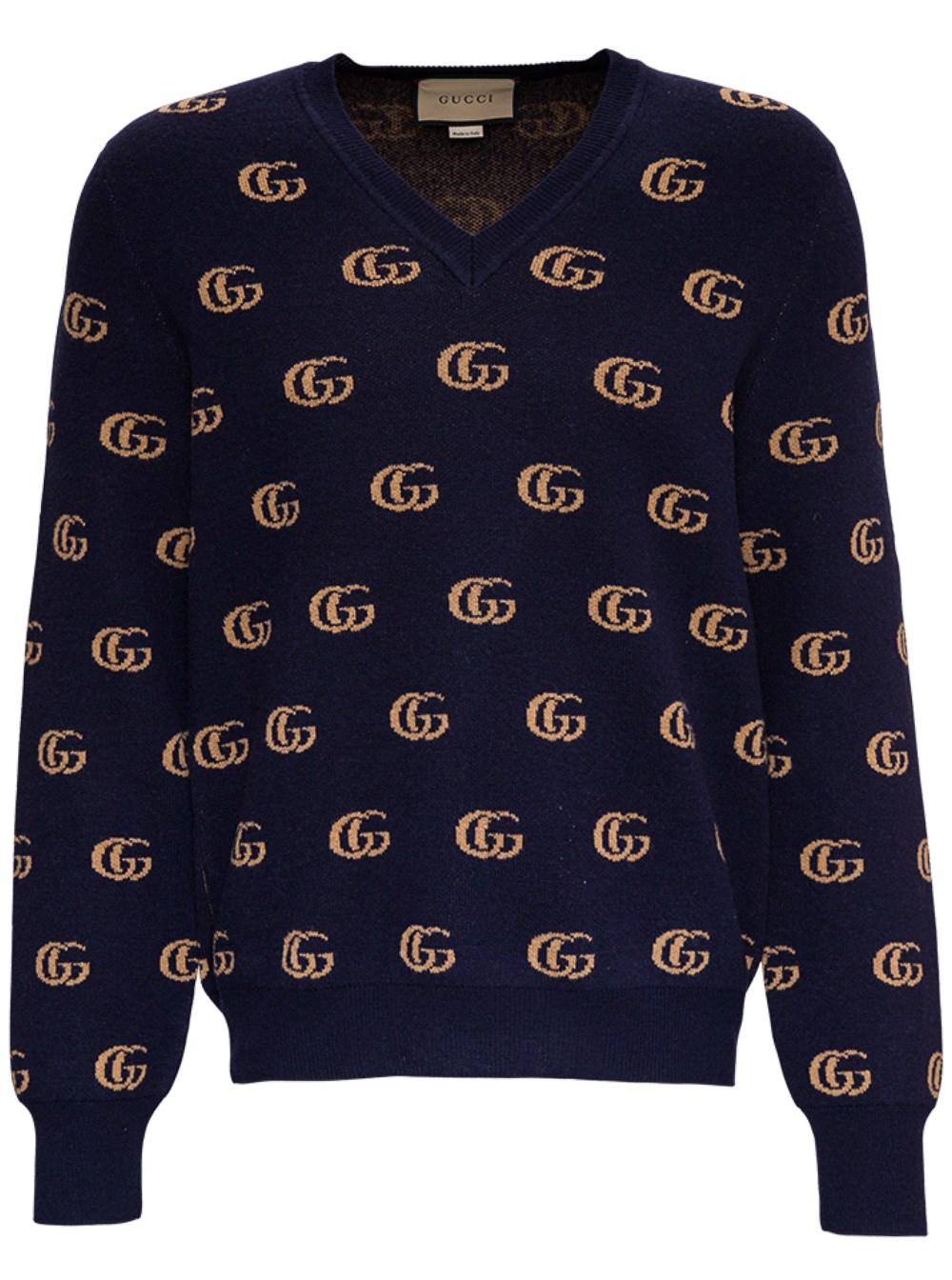 Væk usund slag Gucci Wool Sweater With Allover GG Logo in Blue for Men - Lyst