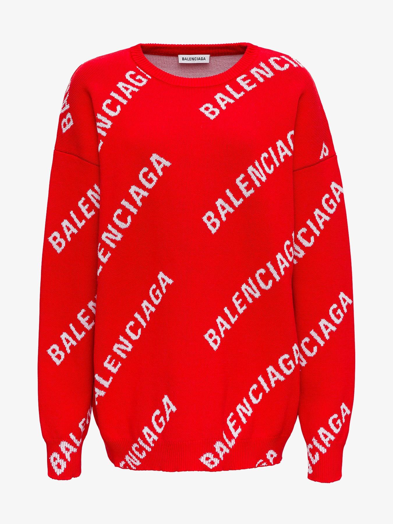 Balenciaga Cotton Oversized Logo Wool-blend Knit Sweater in Red 