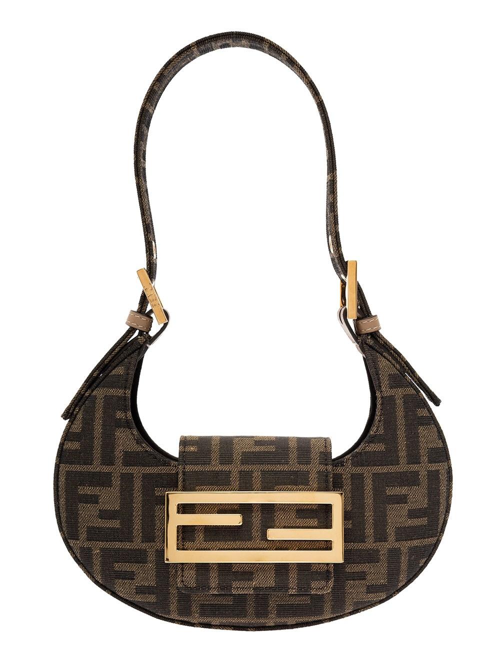FENDI: leather and fabric pouch with jacquard FF monogram - Brown