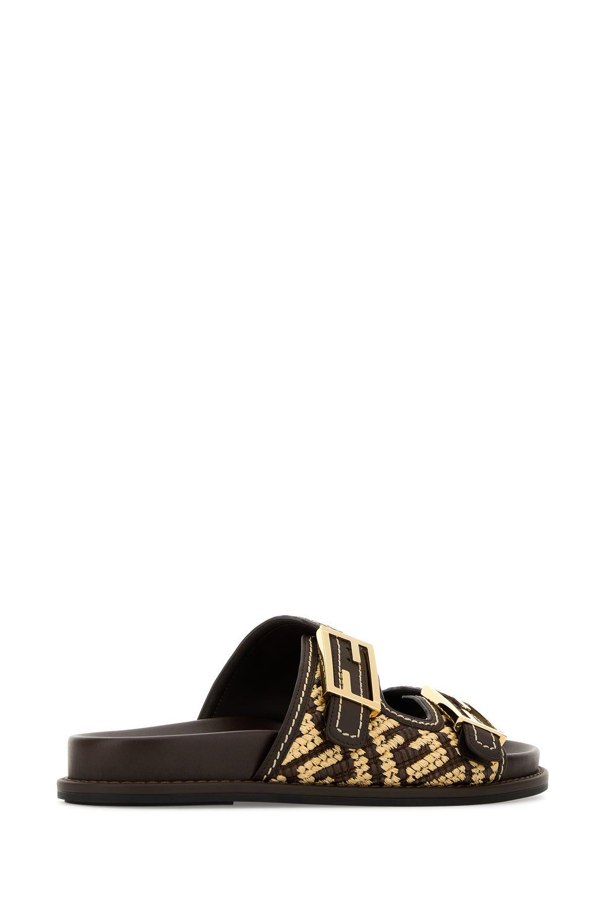 Fendi Embroidered Raffia Feel Slippers in Black | Lyst